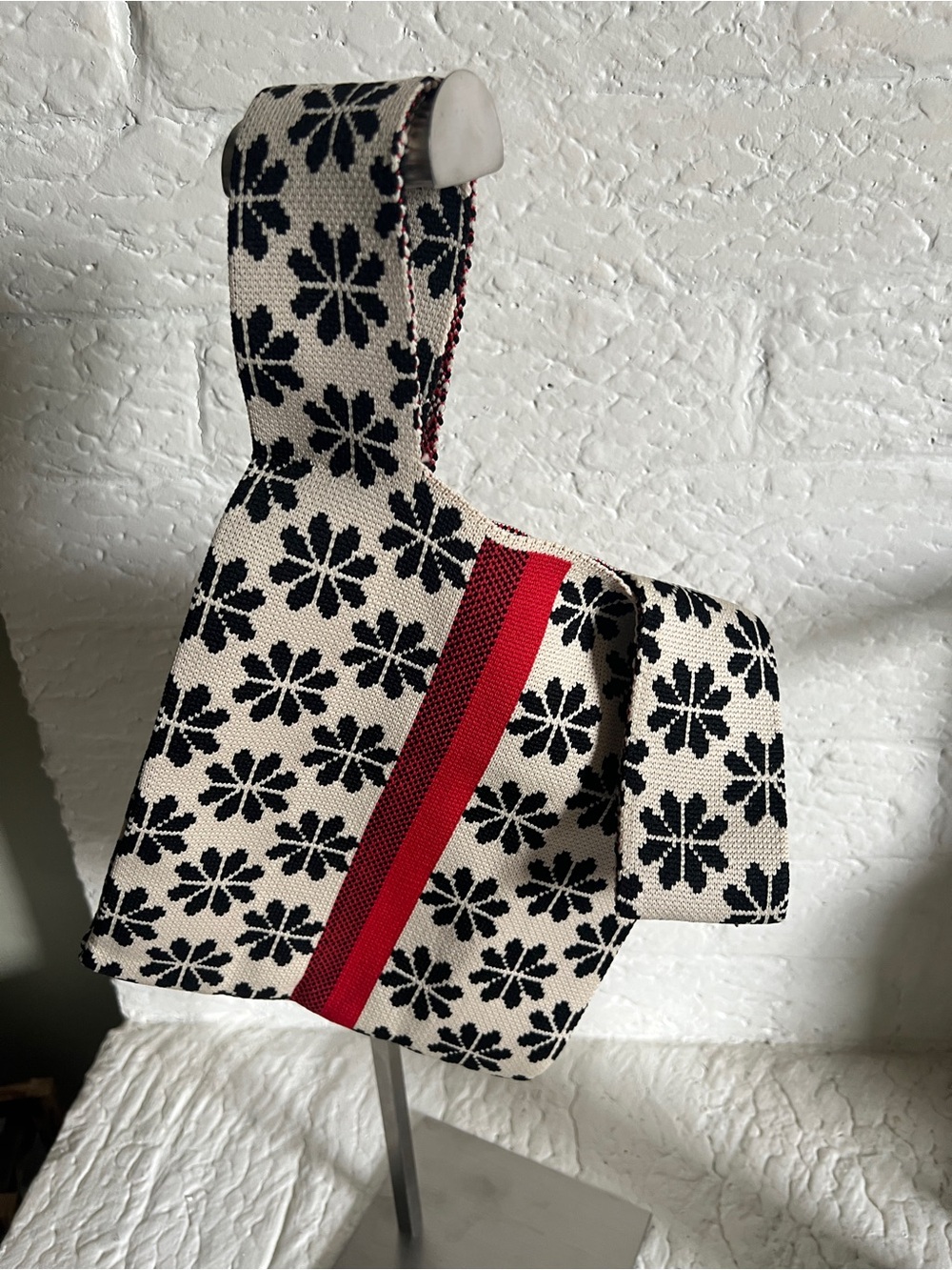 Boutique Black & White Floral Knit Tote with Red Stripe